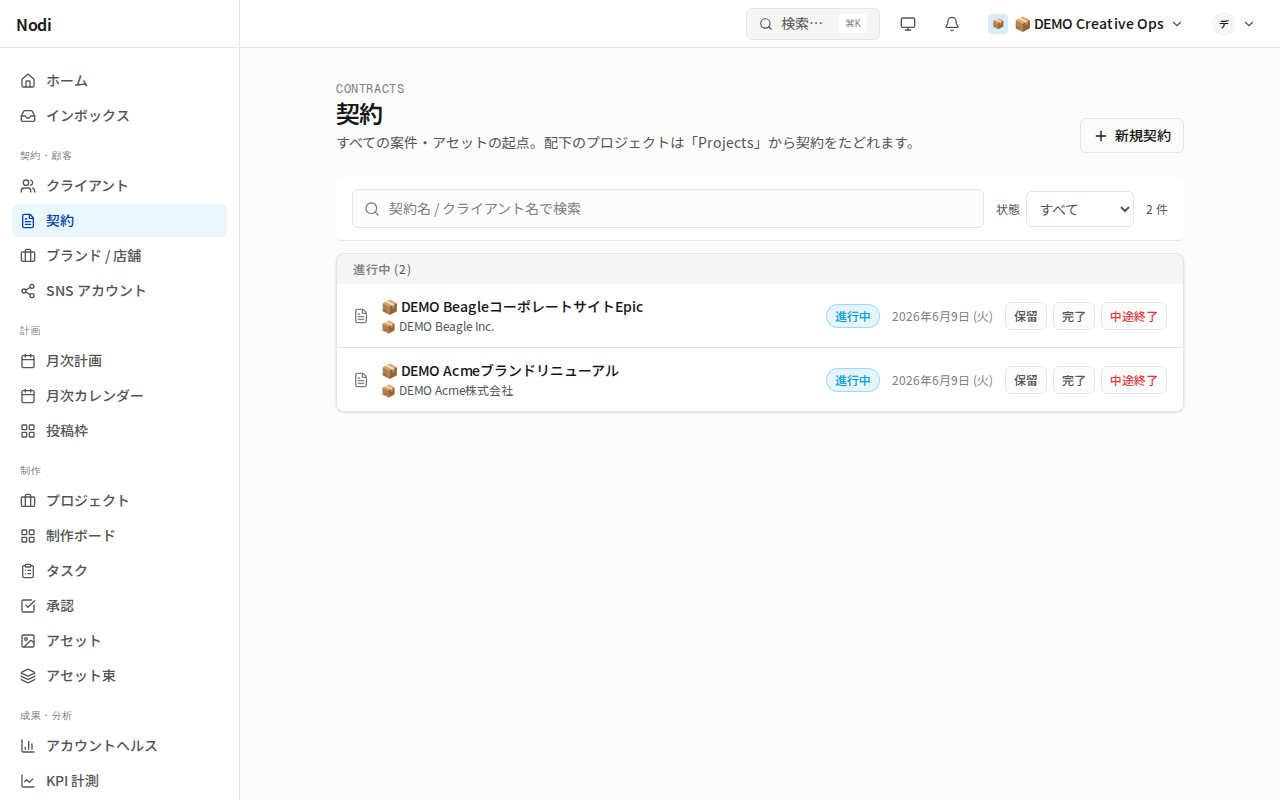 契約一覧画面。進行中の契約がクライアント名・状態バッジ・日付つきで並び、各行に「保留」「完了」「中途終了」の操作ボタンがある。