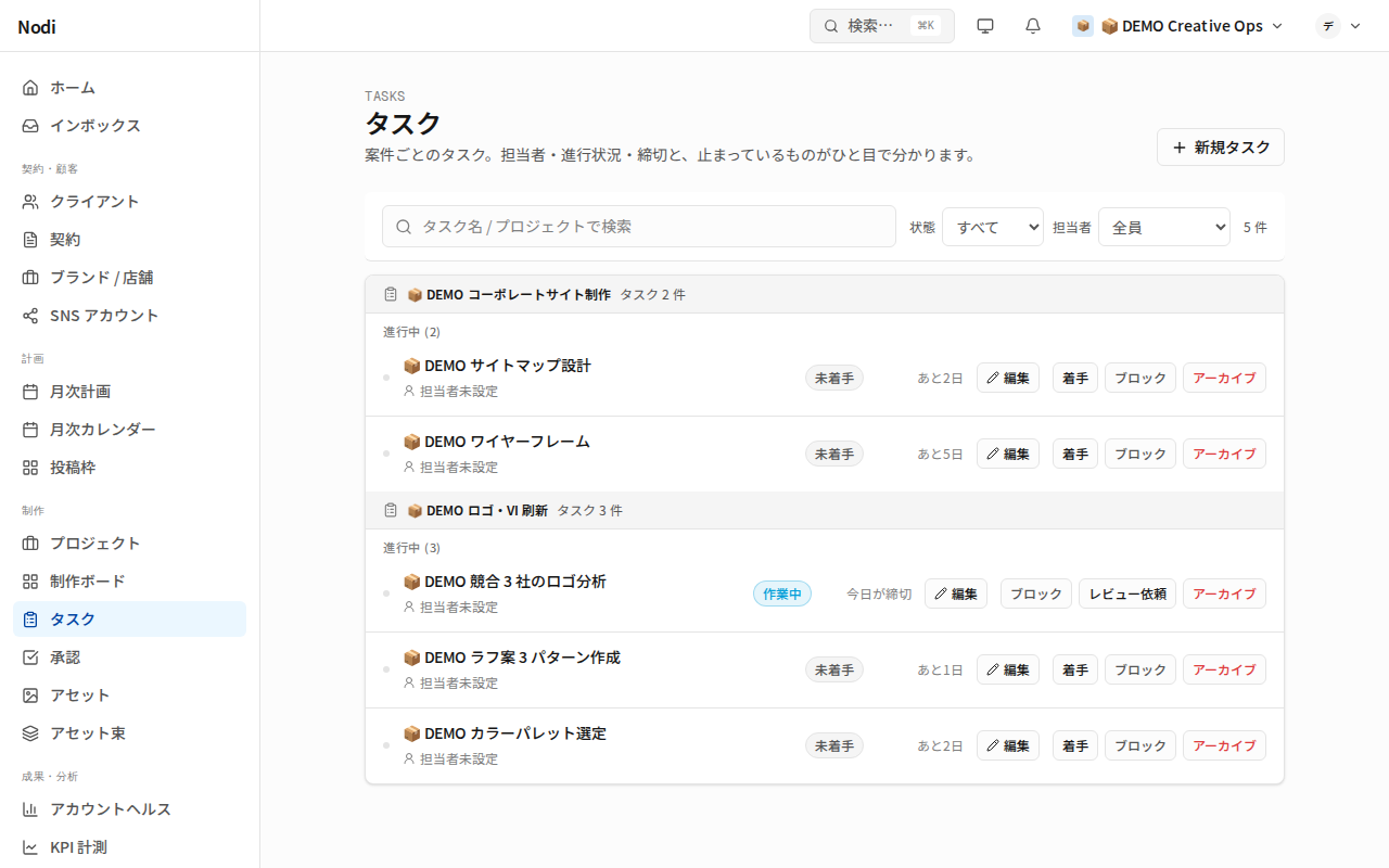 タスク一覧画面。案件ごとにタスクがグループ化され、状態バッジ (未着手 / 作業中)・締切・担当者・「着手」「ブロック」「レビュー依頼」ボタンが各行に並ぶ。